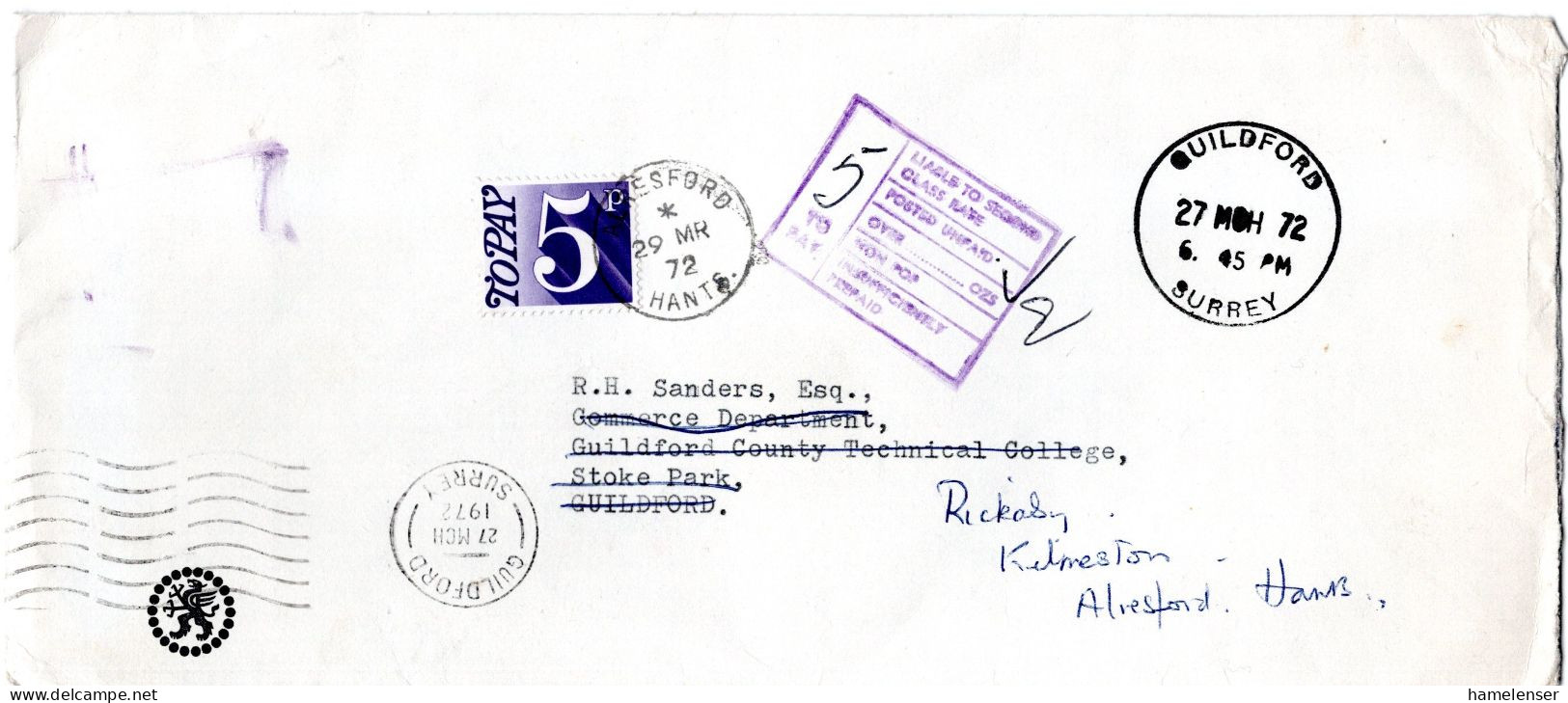 L76700 - Grossbritannien - 1972 - Unfrank OrtsBf GUILDFORF, Nachgesandt -> ALRESFORF, M 5p Portomke - Postage Due