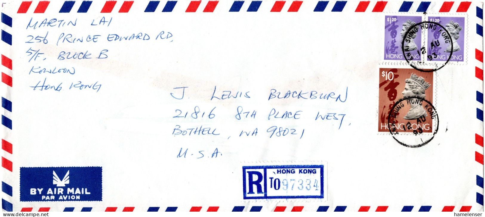 L76707 - Hong Kong - 1993 - $10 QEII MiF A R-LpBf KWAI SHING -> Bothell, WA (USA) - Briefe U. Dokumente