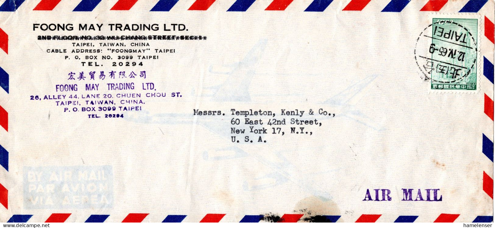 L76710 - China / Taiwan - 1965 - $10 Gebaeude EF A LpBf TAIPEI -> New York, NY (USA) - Cartas & Documentos