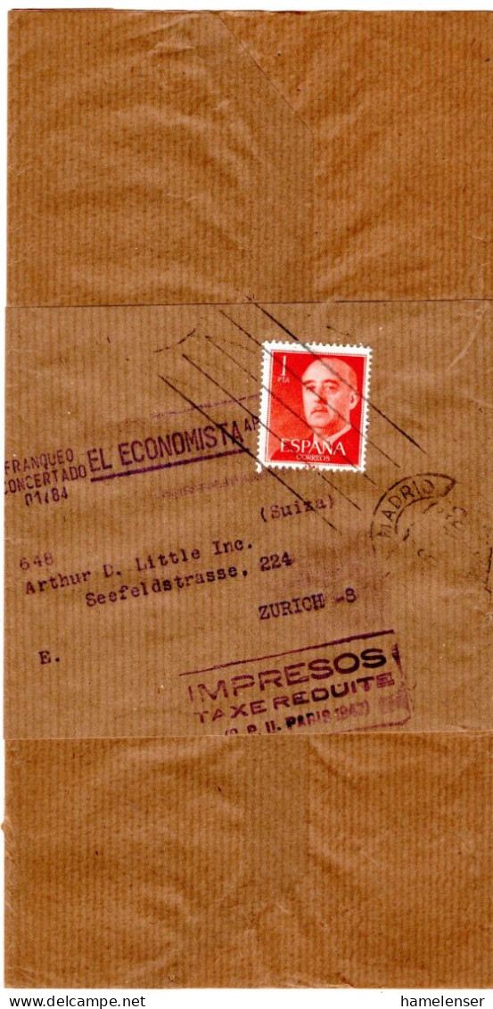 L76712 - Spanien - 1962 - 1Pta Franco EF A Streifband MADRID -> Schweiz - Lettres & Documents