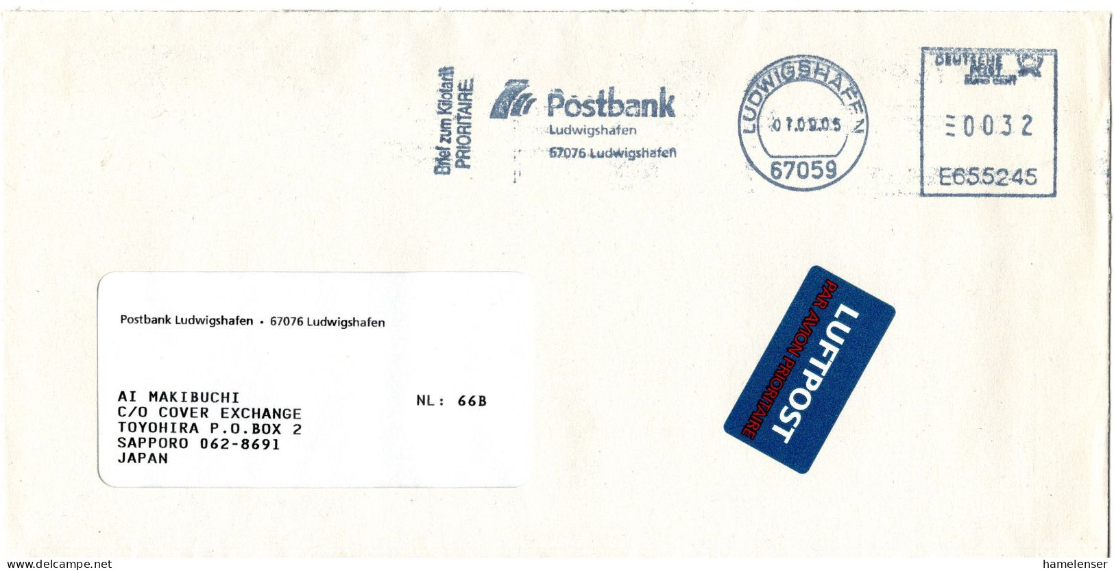 L76715 - Bund - 2005 - 32c AbsFreistpl "Postbank" A LpBf LUDWIGSHAFEN -> Japan - Covers & Documents