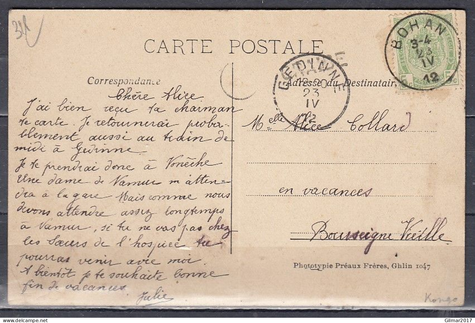 Postkaart Van Bohan Naar Bourseigne Ville Met Langstempel Graide - Linear Postmarks