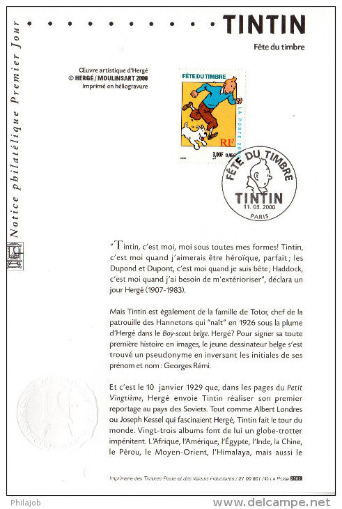 " TINTIN " Sur Notice Officielle 1er Jour De 2000. N° YT 3303. Parfait état. FDC à Saisir !!! - Stripsverhalen