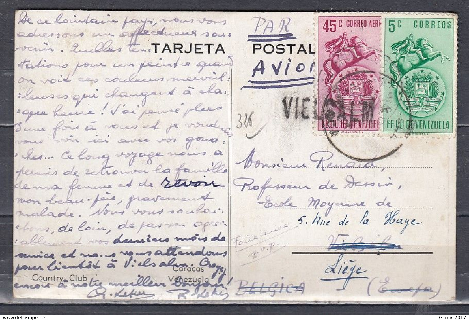 Postkaart Van Venezuela Naar Liege Met Langstempel Vielsalm - Linear Postmarks