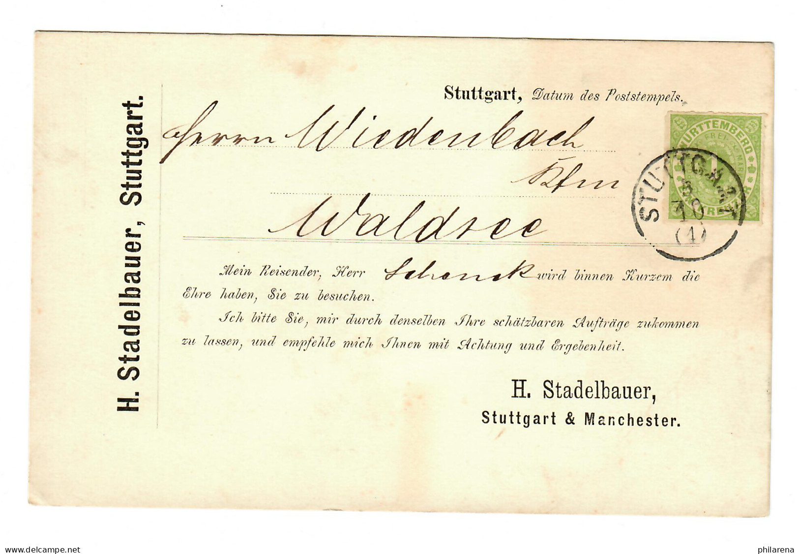 Postkarte Stuttgart Nach Waldsee, Vertreterkarte - Covers & Documents