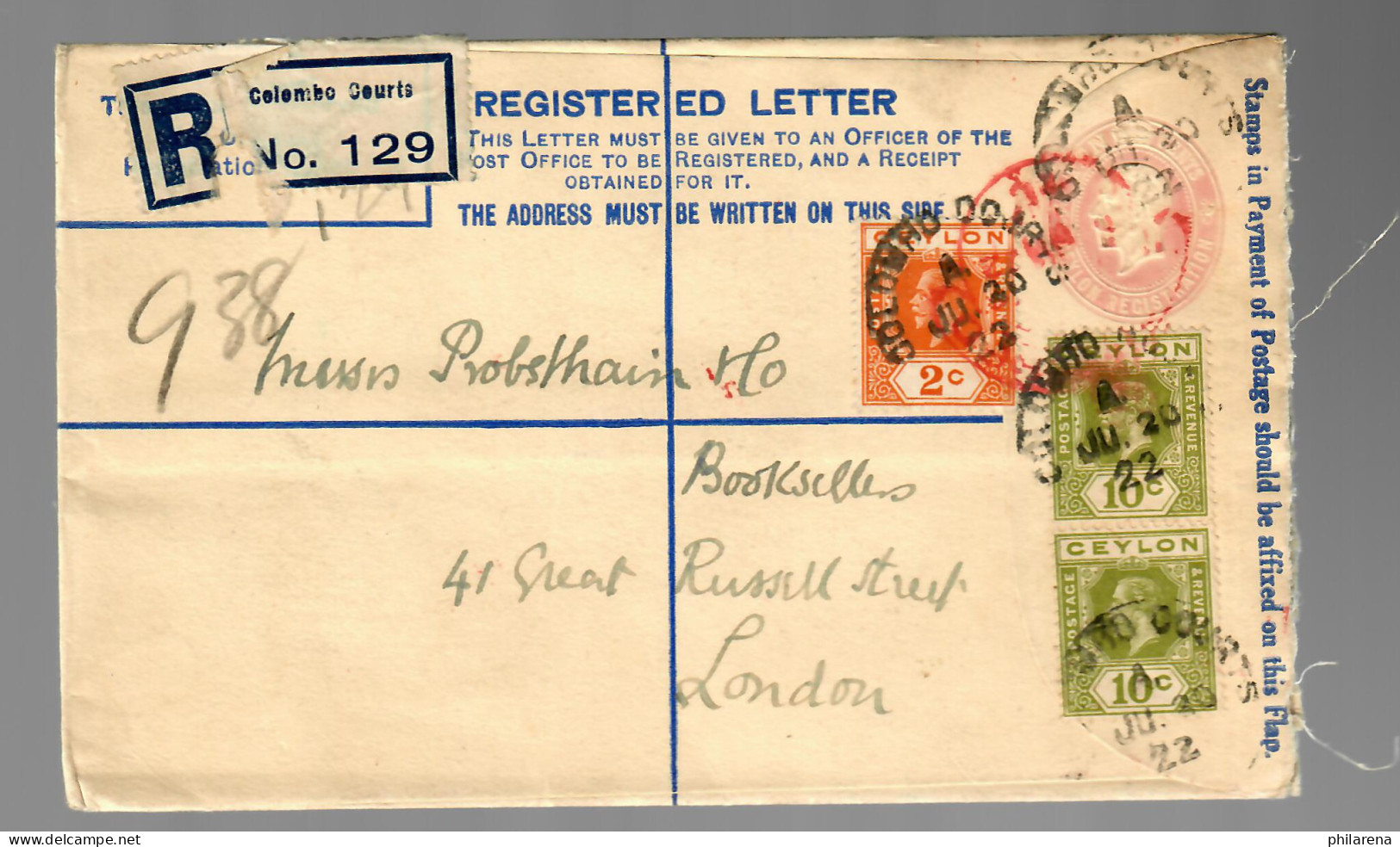 Registered Letter Colombo Courts To London 1922 - Sri Lanka (Ceylon) (1948-...)