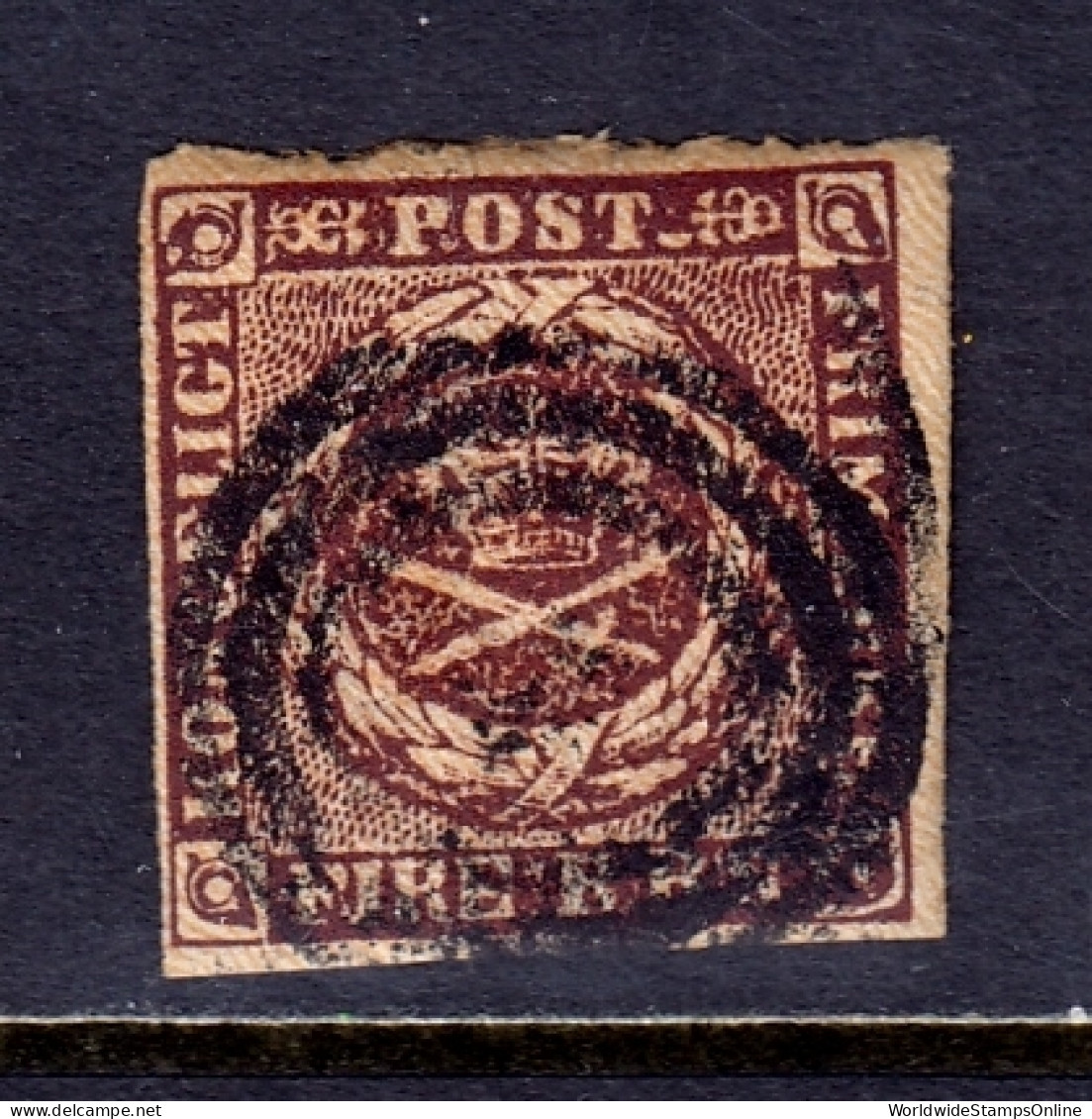 Denmark - Scott #2 - Used - Paper Adhesion/rev., Remnant Gum - SCV $40 - Used Stamps