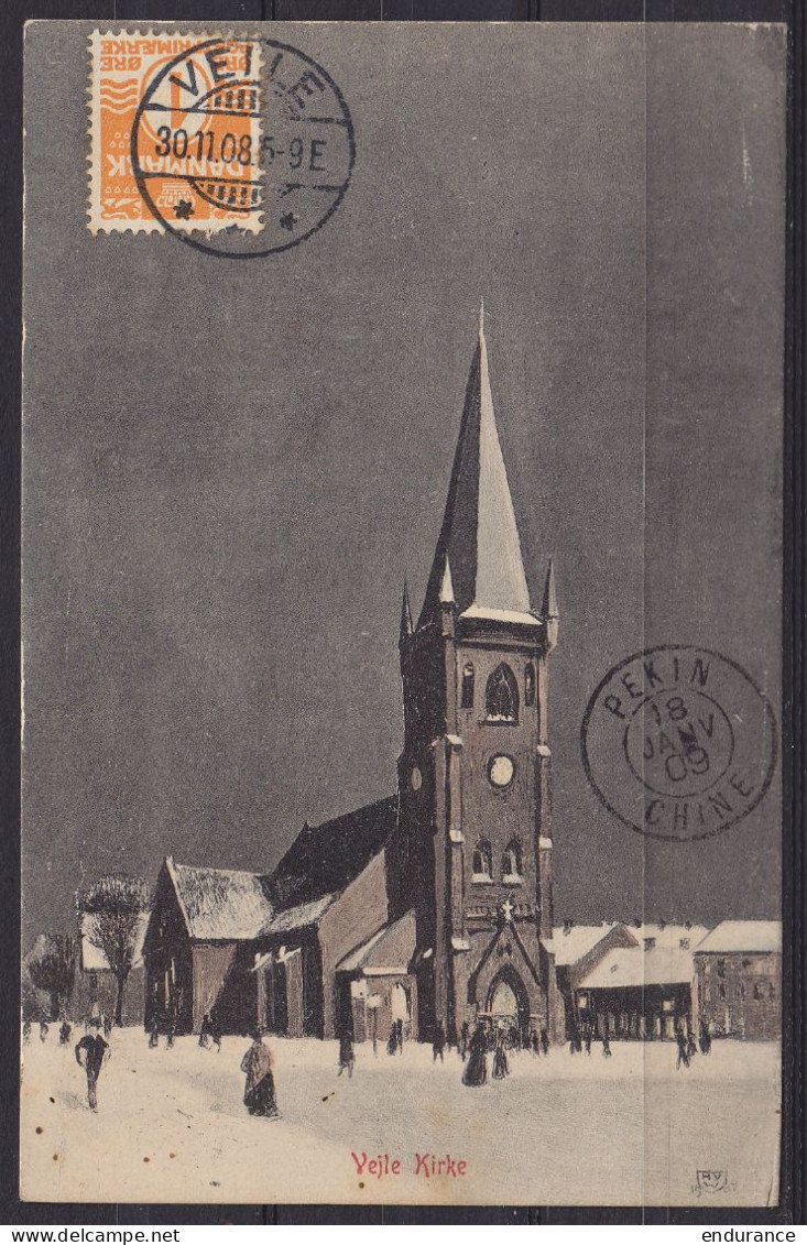 Danemark - CP "Veile Kirke" Affr. 1ö Càpt VEILE /30.11.1908 Pour Télégraphiste Au 16e … à PEKIN Chine - Càd Arrivée PEKI - Covers & Documents
