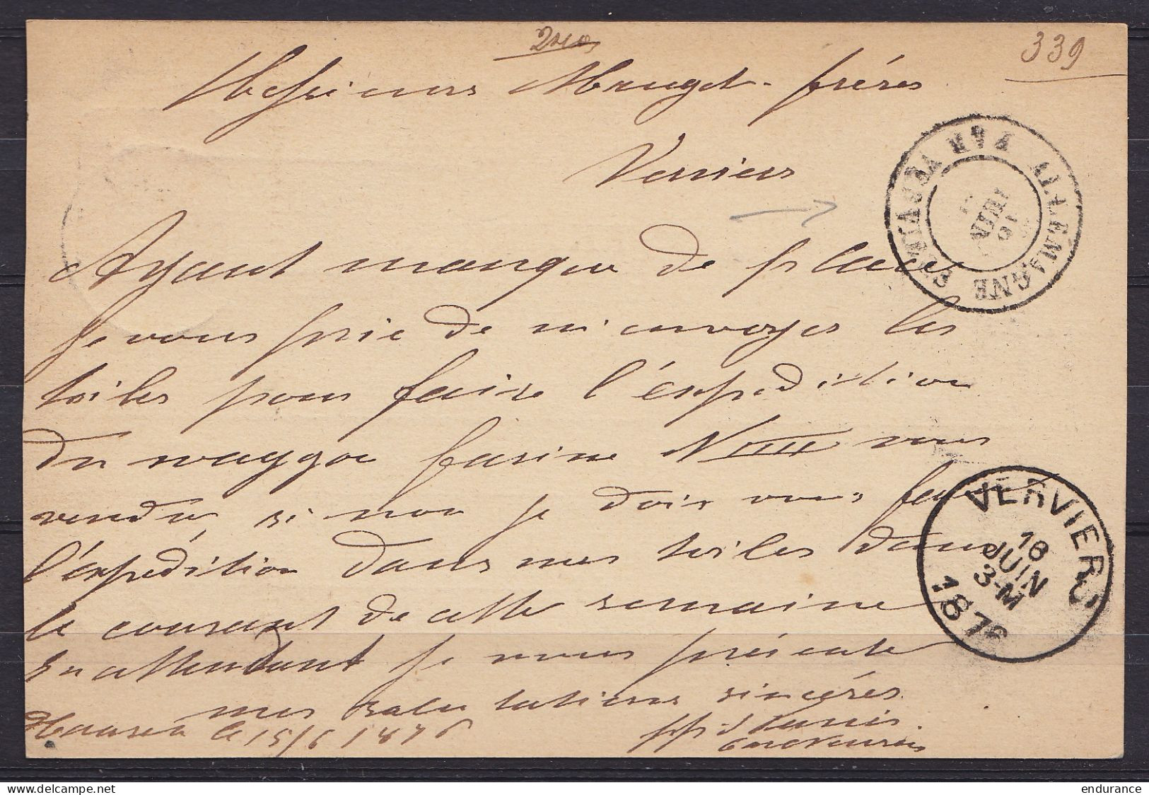 Postkarte 5pf + 5pf De HAAREN Càd AACHEN /15 6 1876 Pour VERVIERS - [HAAREN / REG. REZ. AACHEN / 15 6 1876] (au Dos: Càd - Autres & Non Classés