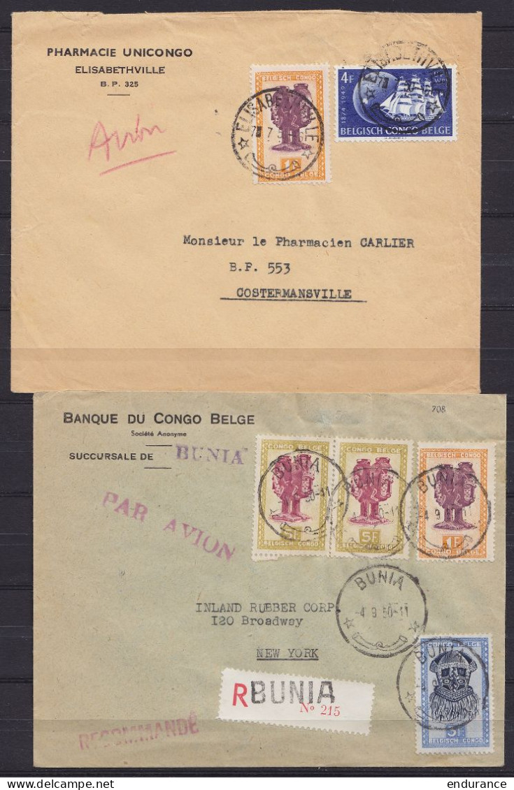 Lot 2 L. - Pharmacie UNICONGO ELISABETHVILLE /-7-7-1950 Pour COSTERMANVILLE & Banque Du Congo Belge Recom. BUNIA /-4-9-1 - Brieven En Documenten