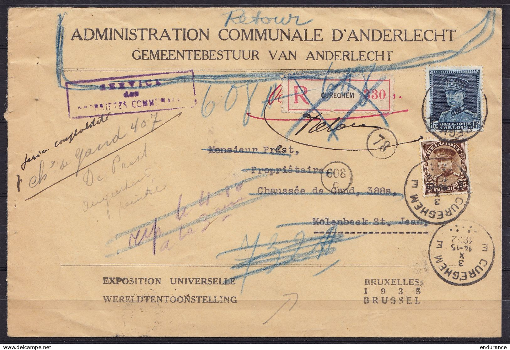 L. Admin. Communale Anderlecht Affr. N°320+341 Càd CUREGHEM E/3 X 1932 Pour MOLENBEEK St-JEAN Réexpédiée Et Retour - Pro - 1931-1934 Chepi