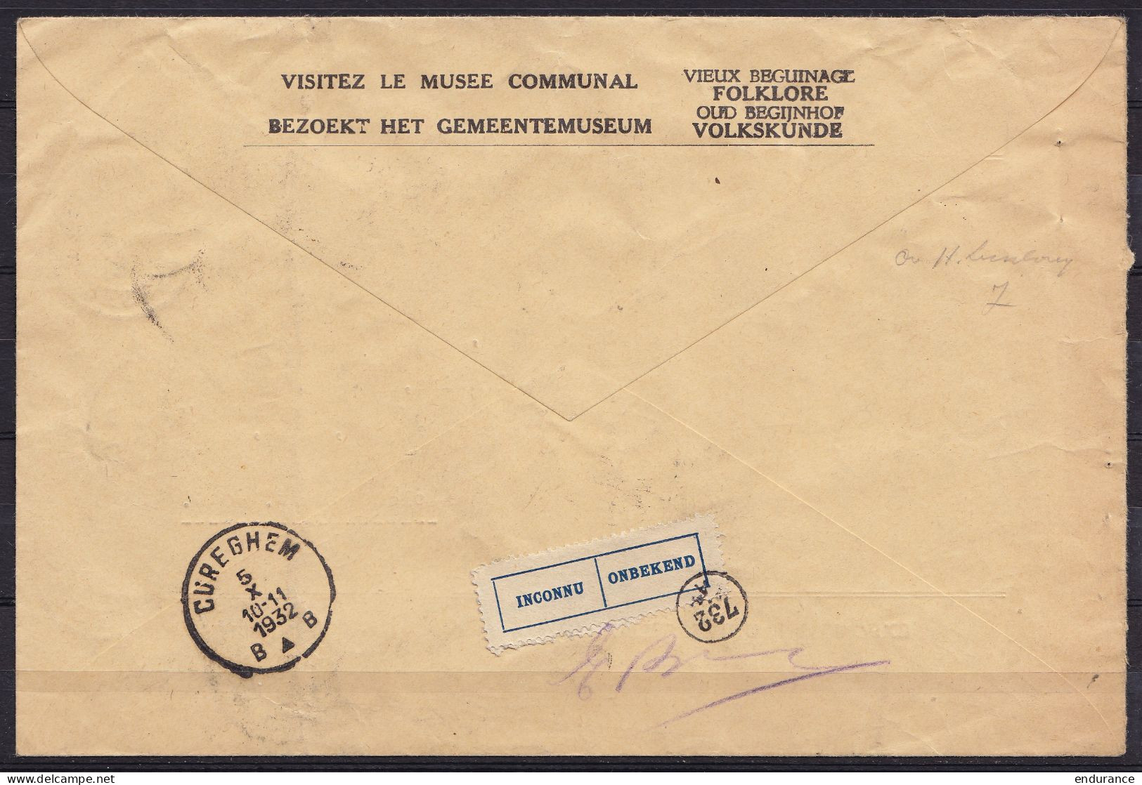 L. Admin. Communale Anderlecht Affr. N°320+341 Càd CUREGHEM E/3 X 1932 Pour MOLENBEEK St-JEAN Réexpédiée Et Retour - Pro - 1931-1934 Mütze (Képi)