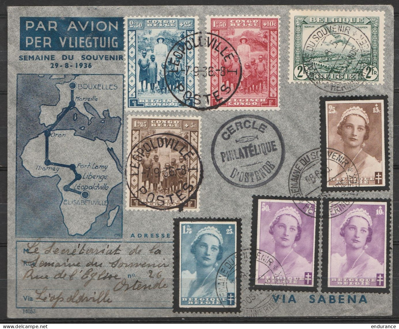 L. Par Avion "Semaine Du Souvenir" Affr. N°412+417+414x2 + PA3 Càd "SEMAINE DU SOUVENIR /29-8-1936/ OSTENDE" Pour E/V Vi - Covers & Documents