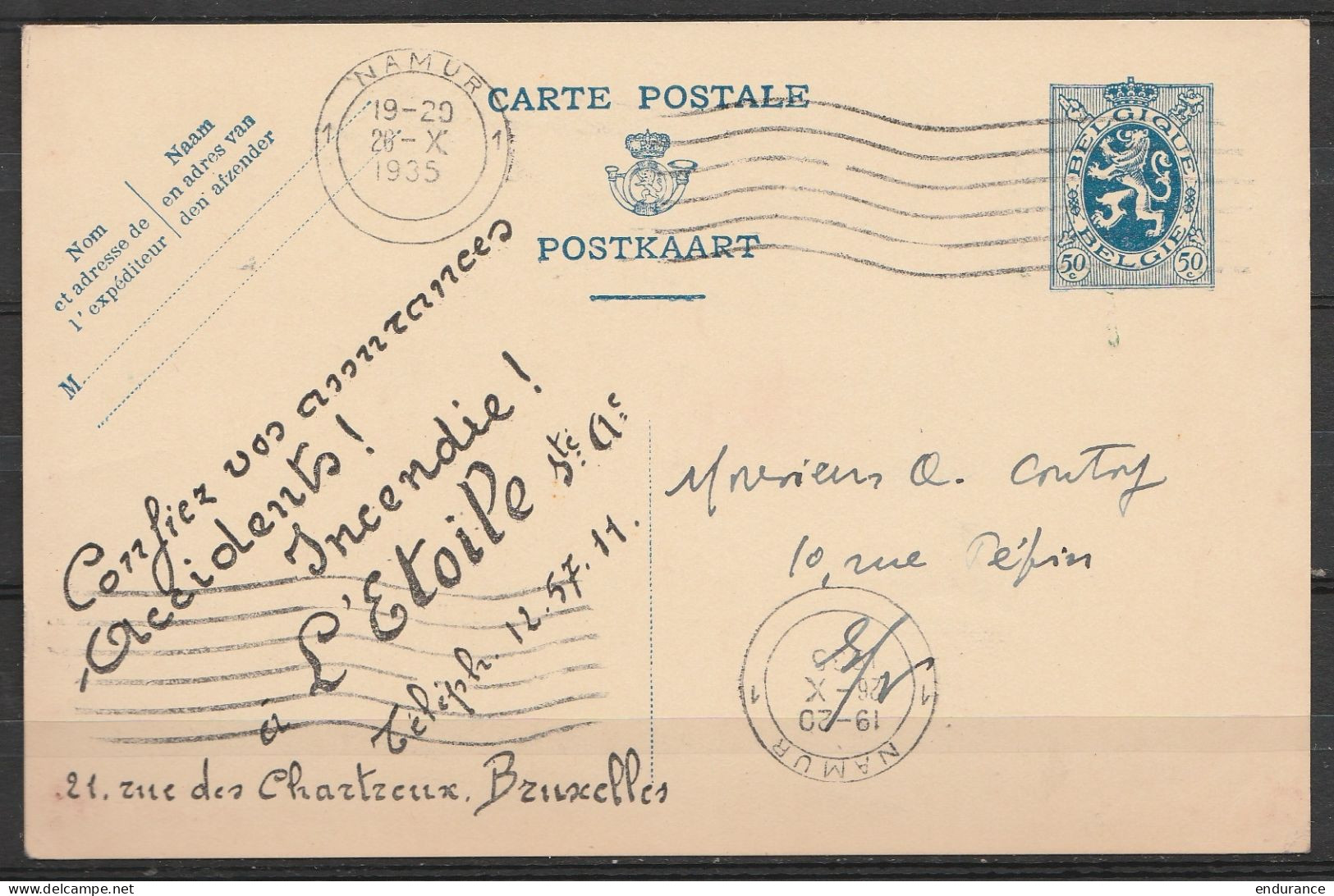 CP EP 50c Bleu Lion Héraldique Repiqué Pub "Assurance L'Etoile - Bruxelles" Petite Flam. "NAMUR 1/26-X 1935 Pour E/V (au - Cartes Postales 1934-1951