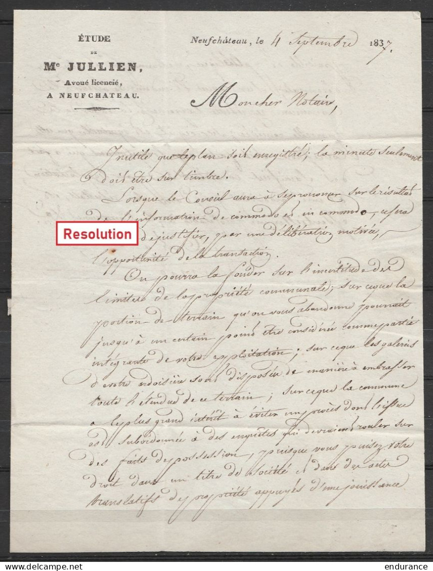 L. Datée 4 Septembre 1837 De Neufchâteau Càd T14 "NEUFCHATEAU /4 SEPT 1837" Pour Notaire à BERTRIX - 1830-1849 (Belgique Indépendante)