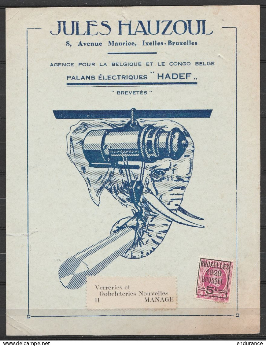 Carte-pub Palans électriques HADEF / HAUZOUL Affr. N°273 (PREO) Houyoux 5c BRUXELLES/1929/BRUSSEL Pour Verreries Et Gobl - Sobreimpresos 1922-31 (Houyoux)
