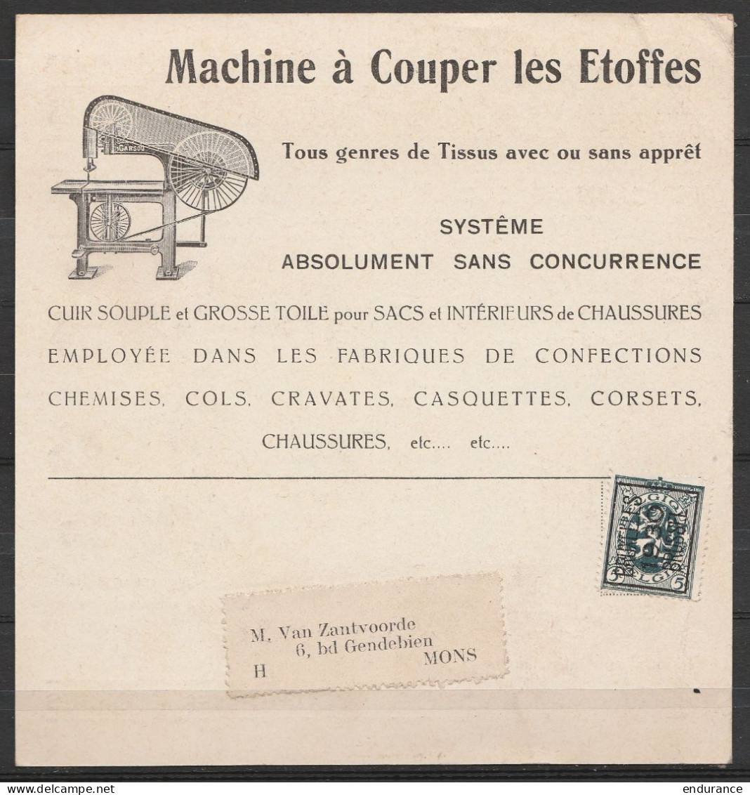 Carte-pub Machines & Constructions Mécaniques GARSOU Forest Affr. PREO 5c Lion Héraldique BRUXELLES/1930/BRUSSEL Pour MO - Sobreimpresos 1929-37 (Leon Heraldico)
