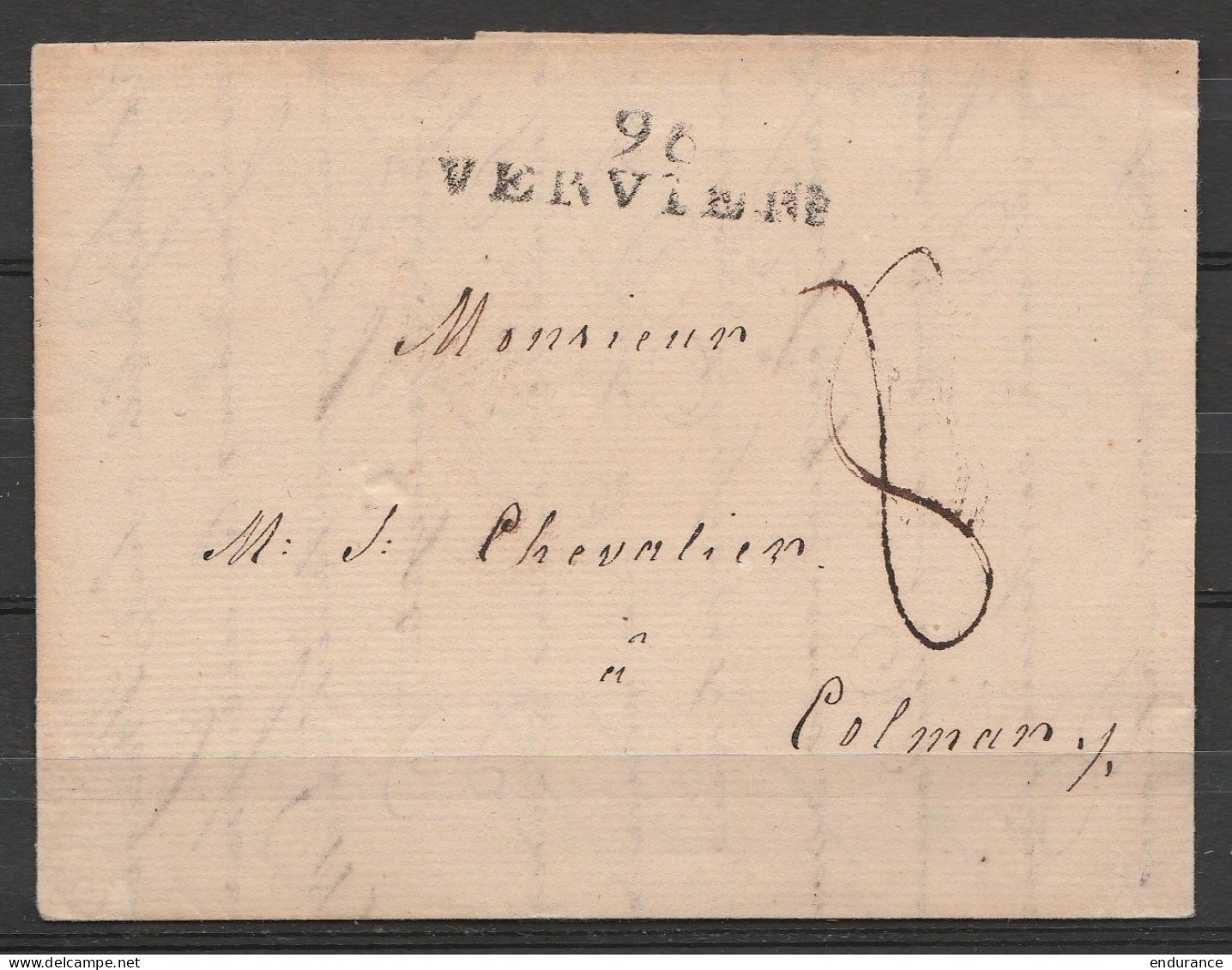 L. Datée 20 Juillet 1810 De VERVIERS Pour COLMAR - Griffe "96/ VERVIERS" - Port "8" - 1794-1814 (French Period)