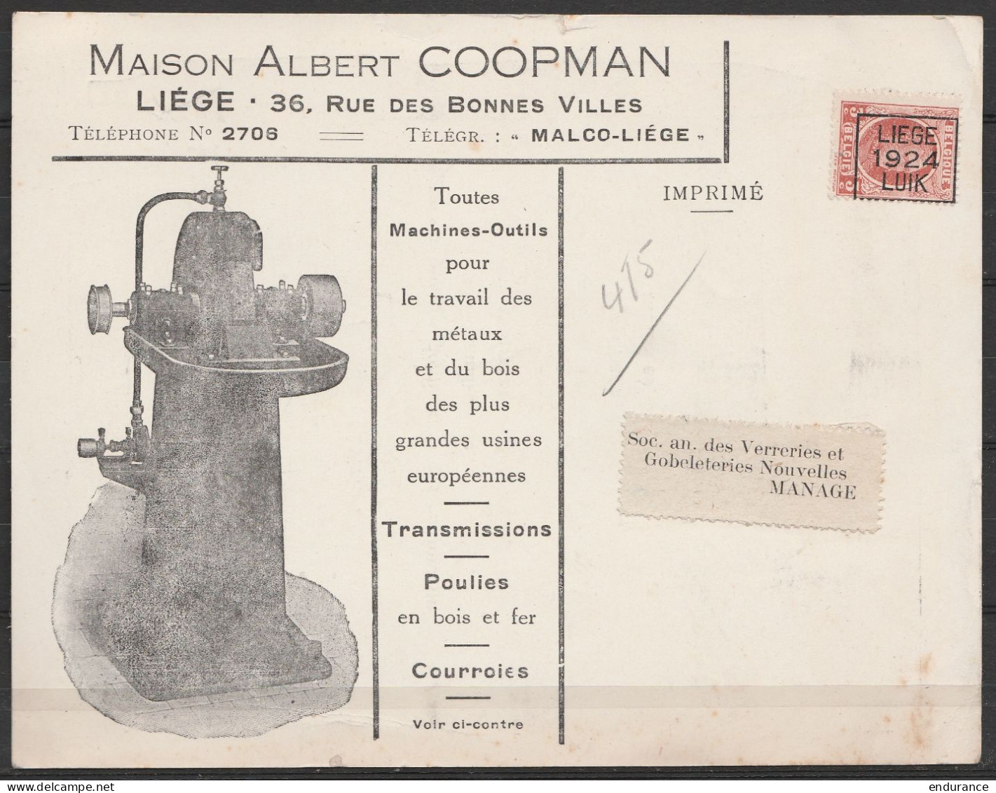 Carte-pub Machines-outils MALCO / COOPMAN Affr. PREO Houyoux 3c LIEGE/1924/LUIK Pour Verreries Et Gobleteries Nouvelles  - Typo Precancels 1922-31 (Houyoux)