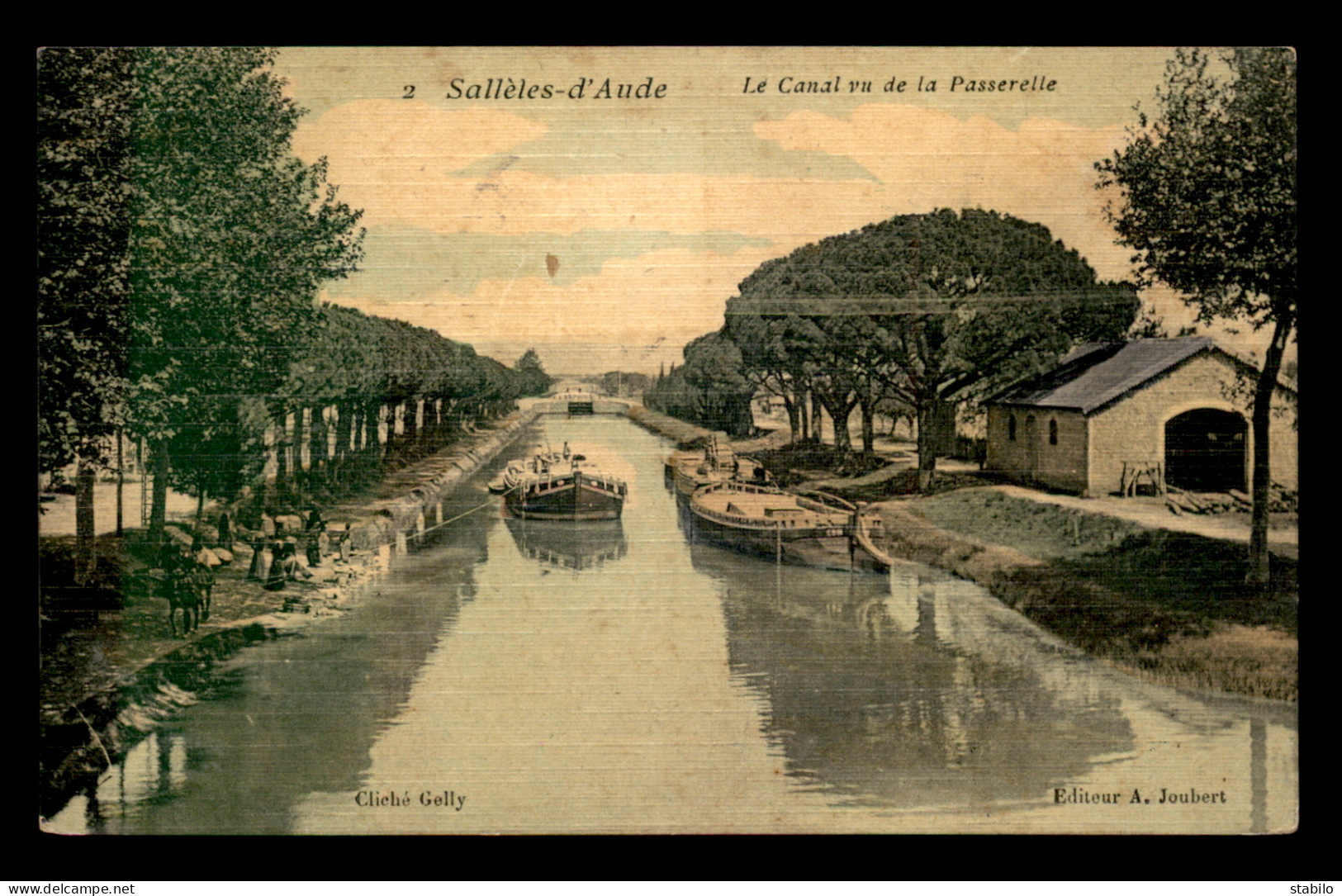 11 - SALLELES-D'AUDE - LE CANAL VU DE LA PASSERELLE - PENICHES - CARTE TOILEE ET COLORISEE - Salleles D'Aude