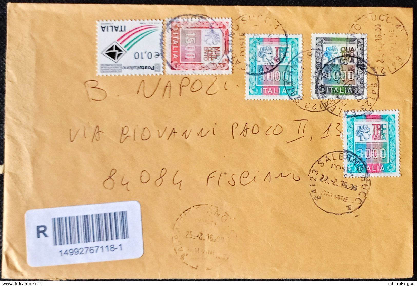 Salerno 22.2.2016  Busta Eur. 0,10 Alto Valore L.4000 + 3000 + 1500 X2 - 2011-20: Storia Postale