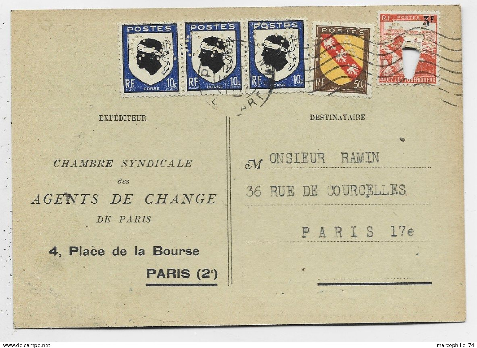 BLASON 10C CORSEX3+50C PERFORES PERFORE  C.A . AGENTS DE CHANGE CARTE + 3FR DEFECTUEUX PARIS 1947 AFFR RARE - 1941-66 Wappen