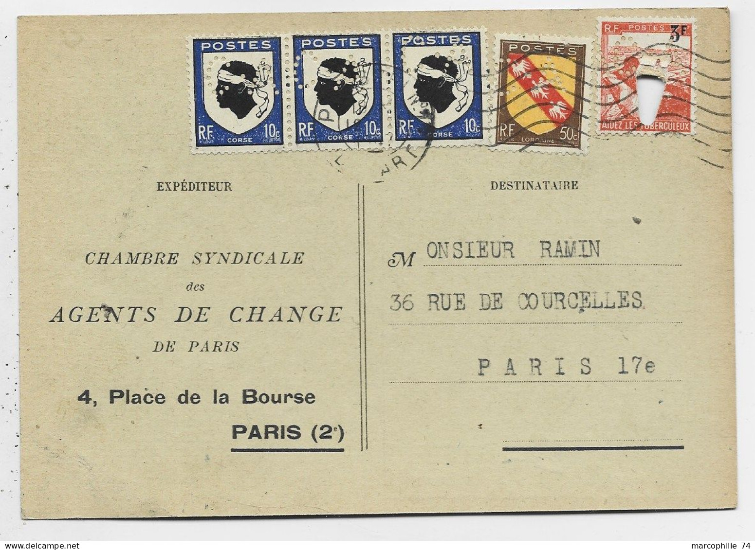 BLASON 10C CORSEX3+50C PERFORES PERFORE  C.A . AGENTS DE CHANGE CARTE + 3FR DEFECTUEUX PARIS 1947 AFFR RARE - 1941-66 Stemmi E Stendardi