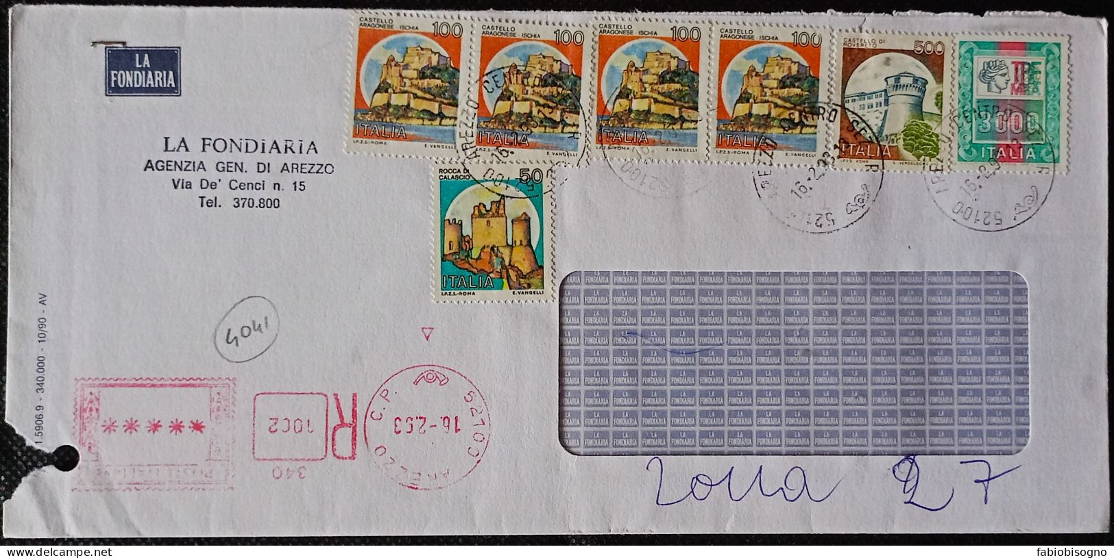 Arezzo 16.2.1993  Alto Valore L. 3000 Castello L.500 + L.100 X4 + L.50 - 1991-00: Storia Postale