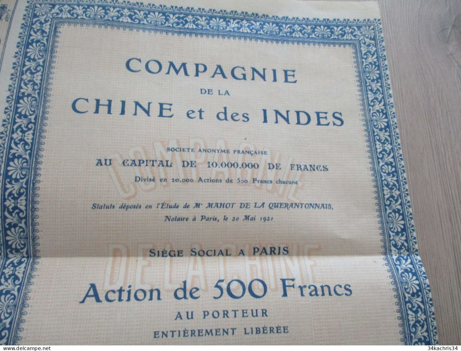 M45 Action 500 Francs De La Chine Et Des Indes China 1921 - Schiffahrt