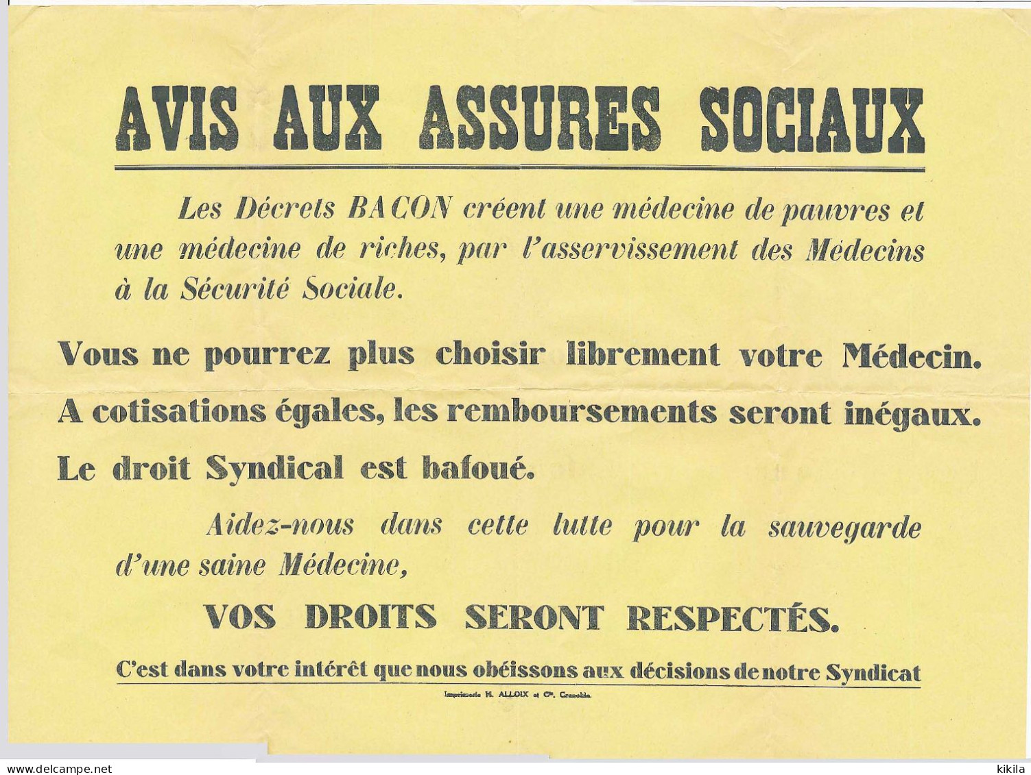 Affiche 40 X 30.1 Cm Contre Les DÉCRETS BACON (1959 - 1960) Qui Empêcheraient Le Libre Choix De Son Médecin - Manifesti