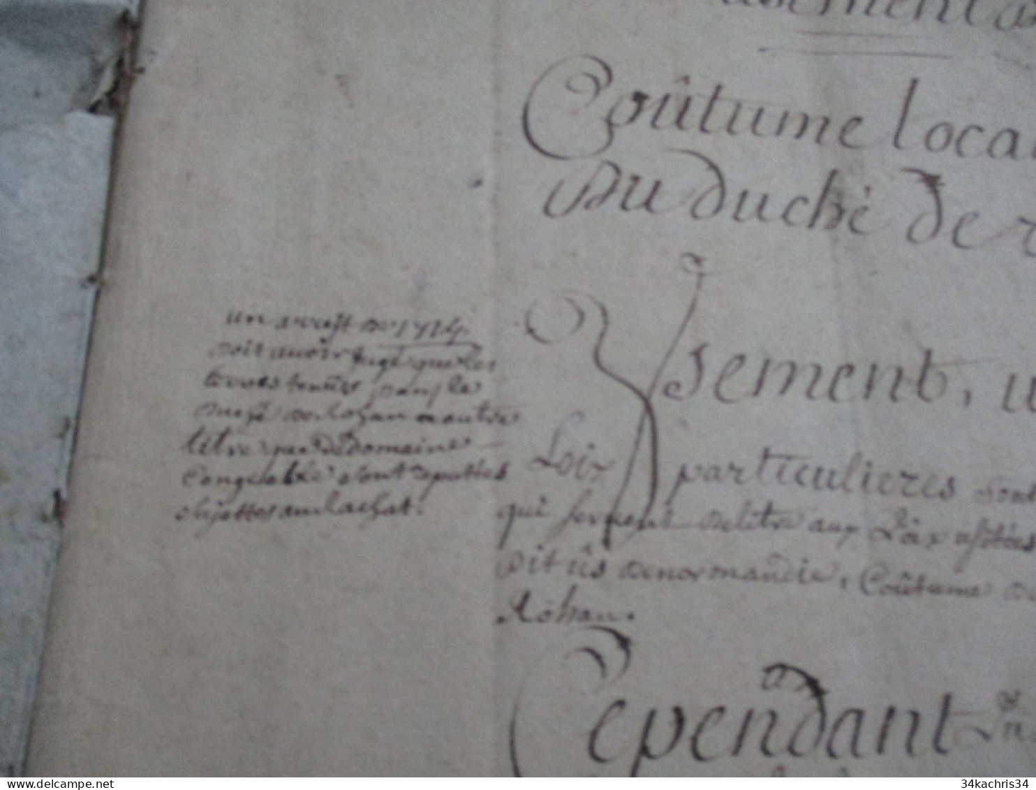 Manuscrit Original Bretagne Droit Avec Commentaires .Commentaires Sur L'Usement De Rohan XVIIIème Pièce Inédite  Unique - Manuscrits