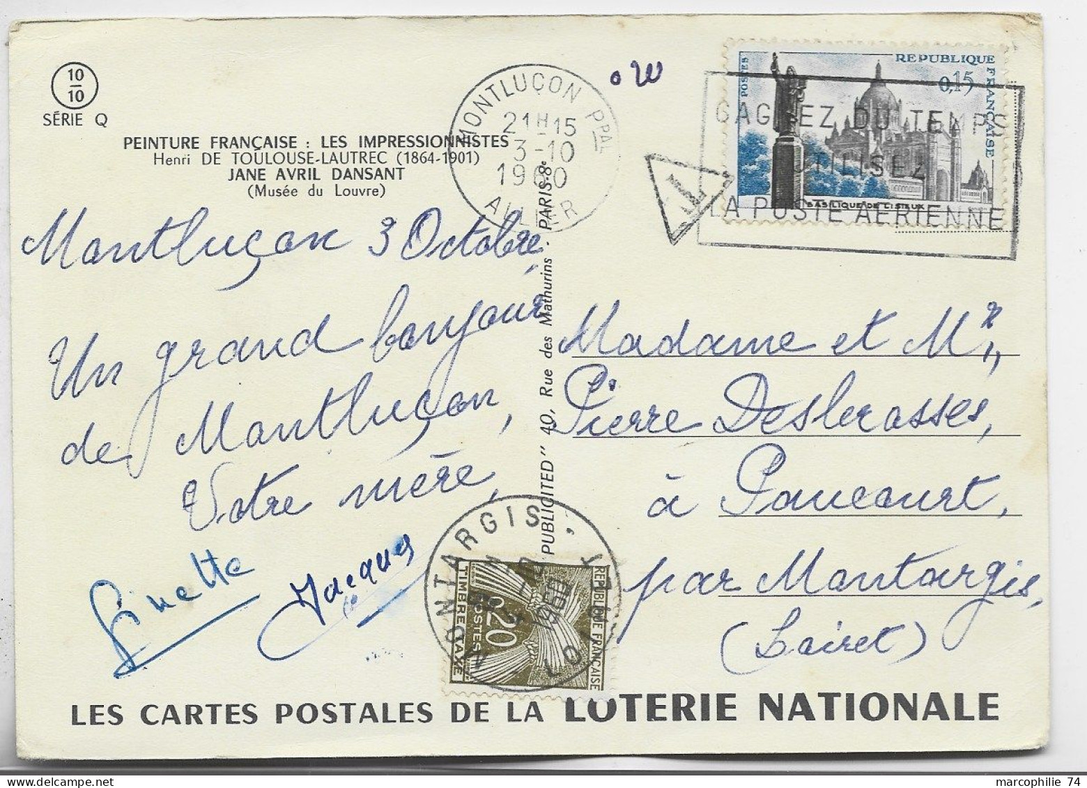 FRANCE 15C LISIEUX SEUL CARTE MEC MONTLUCON ALLIER 13.10.1960 POUR LE LOIRET TAXE 20C GERBES - 1960-.... Cartas & Documentos