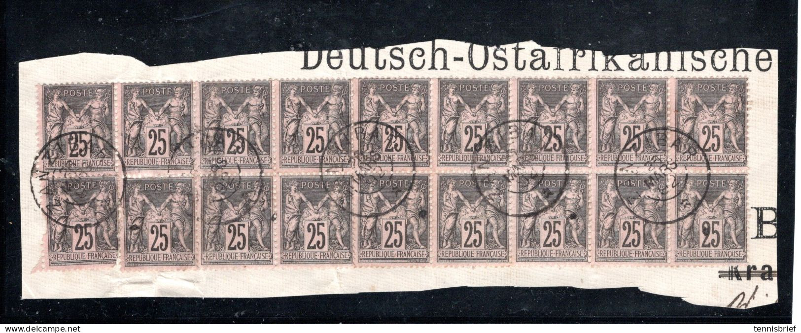1892 , Sage 25 C, 18 Timbres , Avec Bloc De 10 , Claire " ZANZIBAR-26.Mars 92 "sur Fragment  Dt.Ostafrik.  #1718 - Gebruikt
