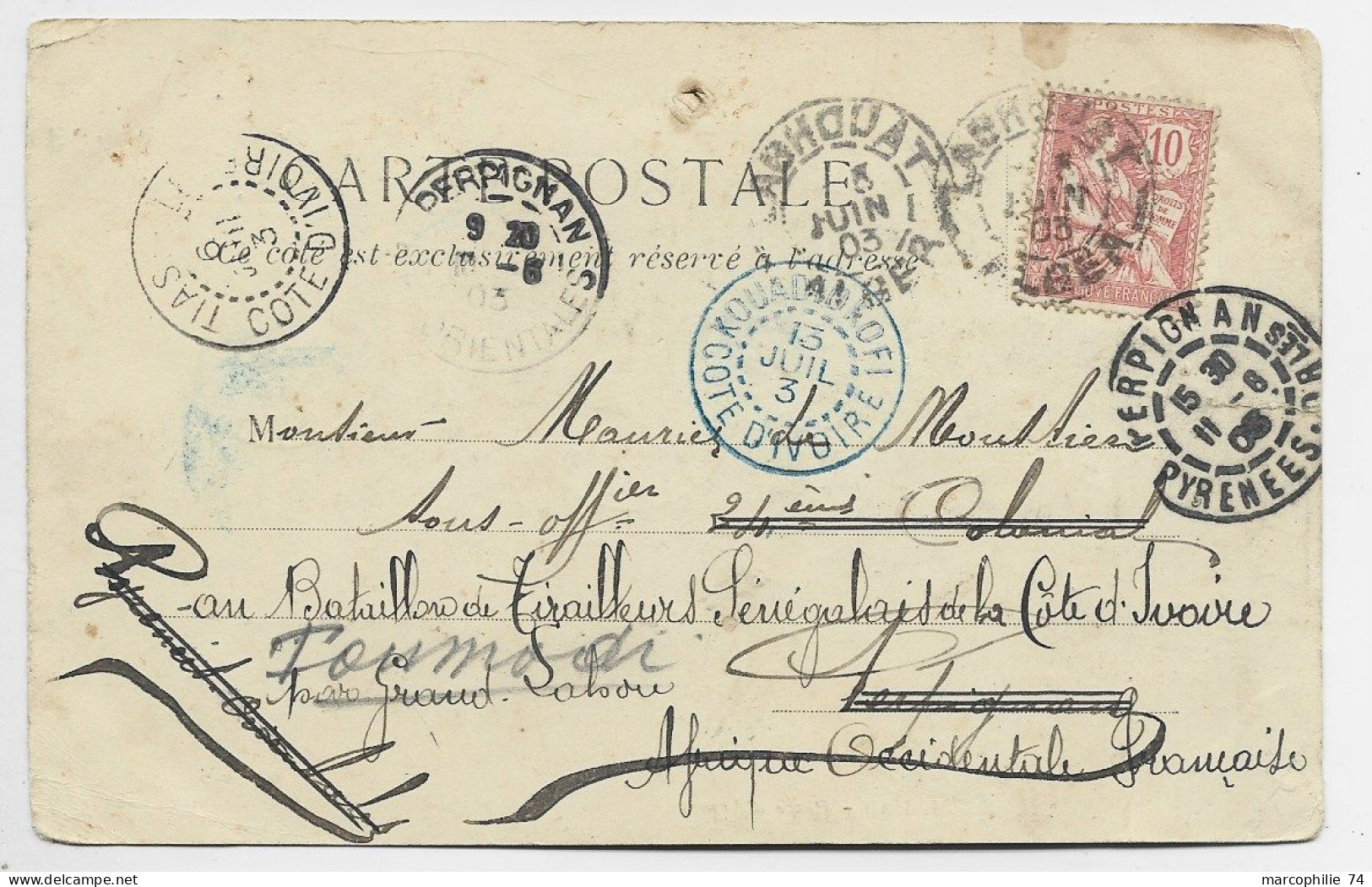 FRANCE 10C MOUCHON CARTE PD LAGHOUAT ALGERIE 1903 POUR TIAS COTE D'IVOIRE REEXP KOUADAOLOFI EN BLEU RARE - Covers & Documents