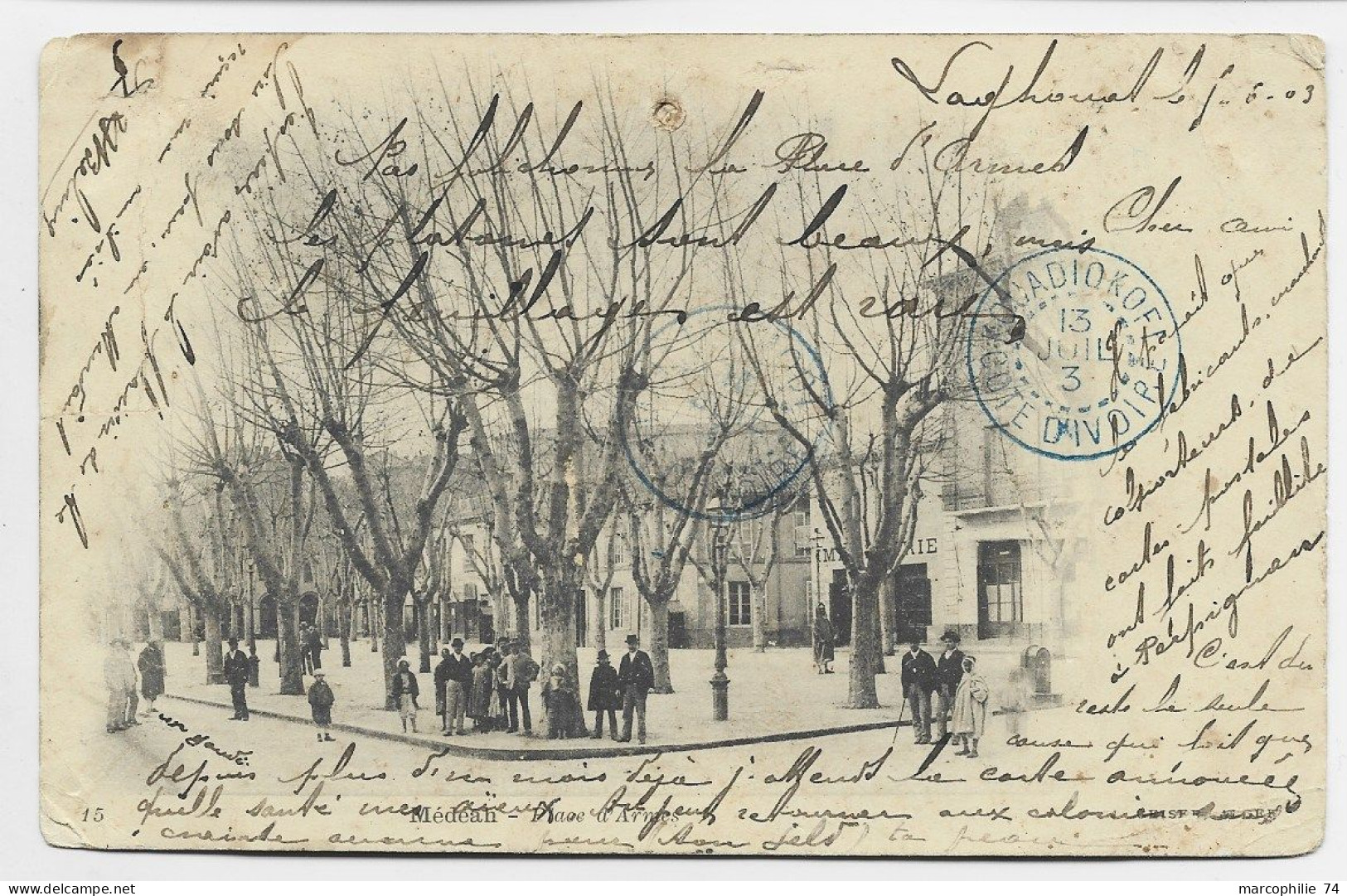 FRANCE 10C MOUCHON CARTE PD LAGHOUAT ALGERIE 1903 POUR TIAS COTE D'IVOIRE REEXP KOUADAOLOFI EN BLEU RARE - Lettres & Documents