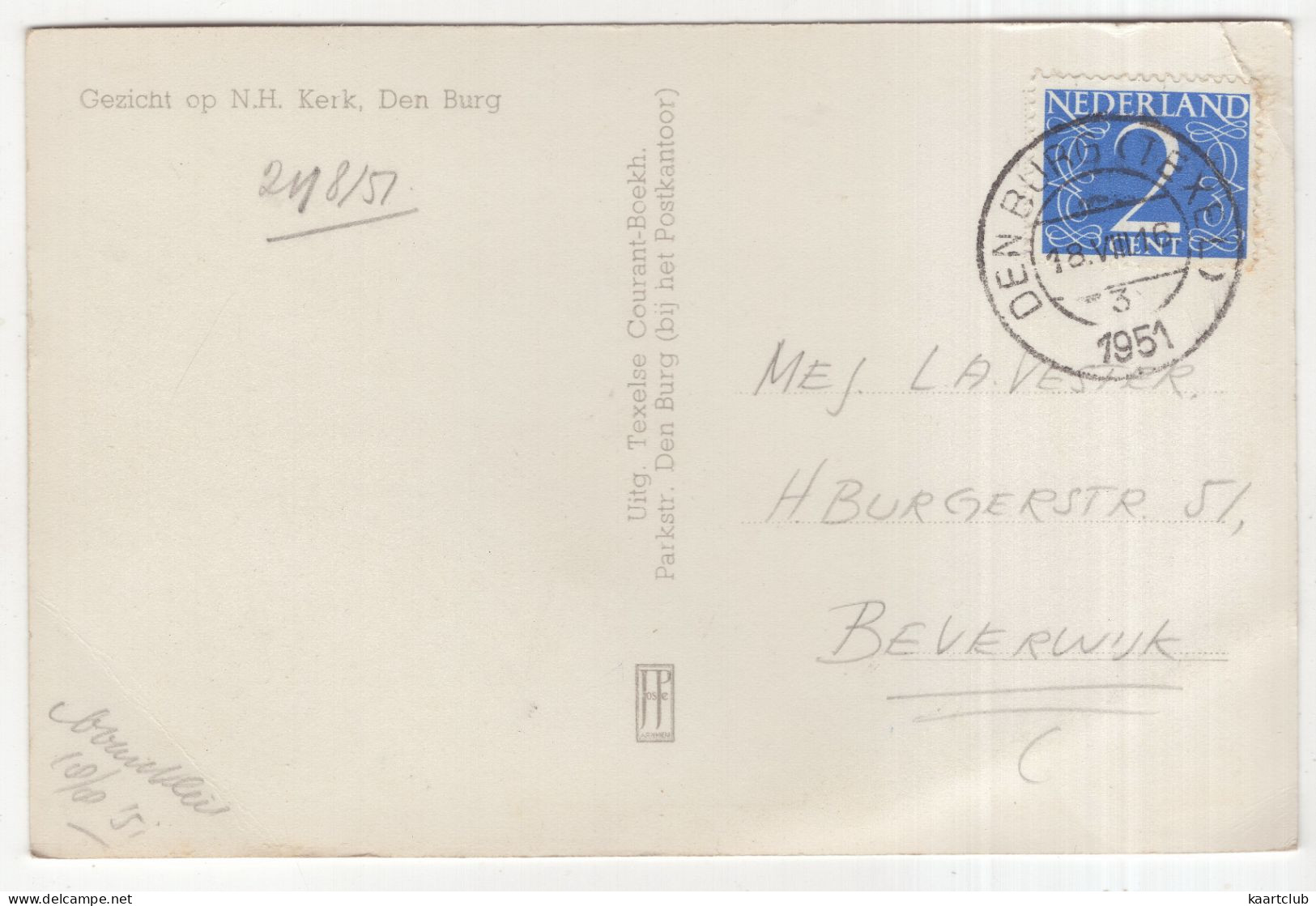 Gezicht Op N.H. Kerk, Den Burg- (Nederland/Holland) - 1951 - Uitg. Texelse Courant-Boekh., Parkstr.,Texel - MATFORD '36 - Texel