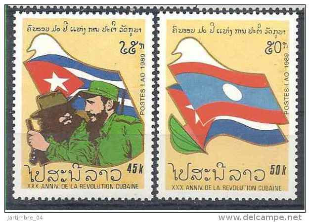 1989 LAOS 925-26** Cuba, Castro, Drapeau - Laos