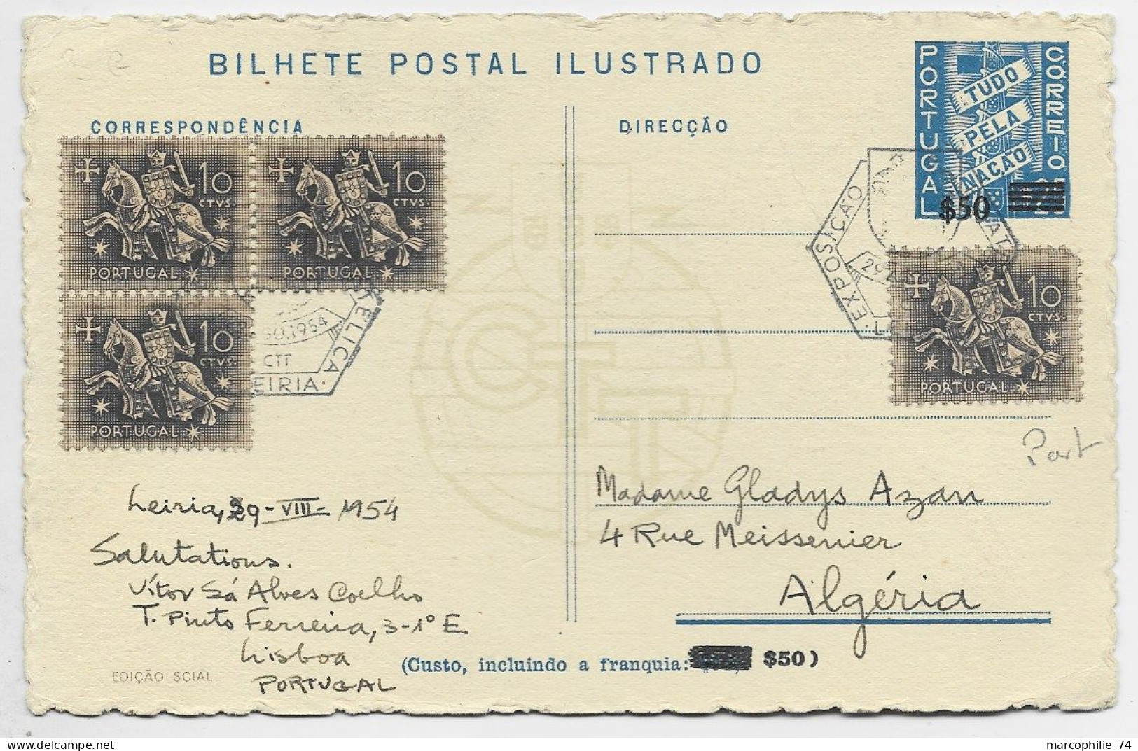 PORTUGAL 10CX4 +5C SUR ENTIER $50 BILHETE POSTAL EXPO LISBOA 1954 LEIRIA TO ALGERIE - Brieven En Documenten