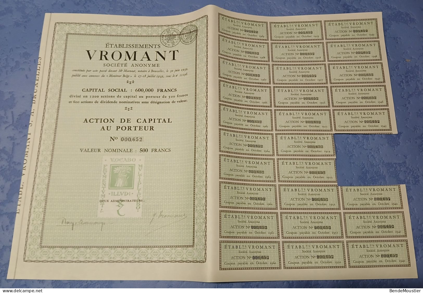Imprimerie - Etablissements VROMANT S.A. - Action De Capital Au Porteur  - Ville De Bruxelles 1939. - Industrial