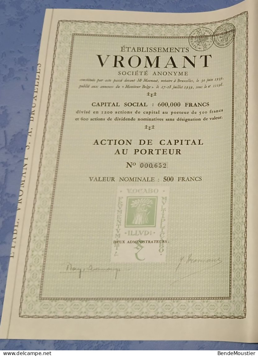 Imprimerie - Etablissements VROMANT S.A. - Action De Capital Au Porteur  - Ville De Bruxelles 1939. - Industrie