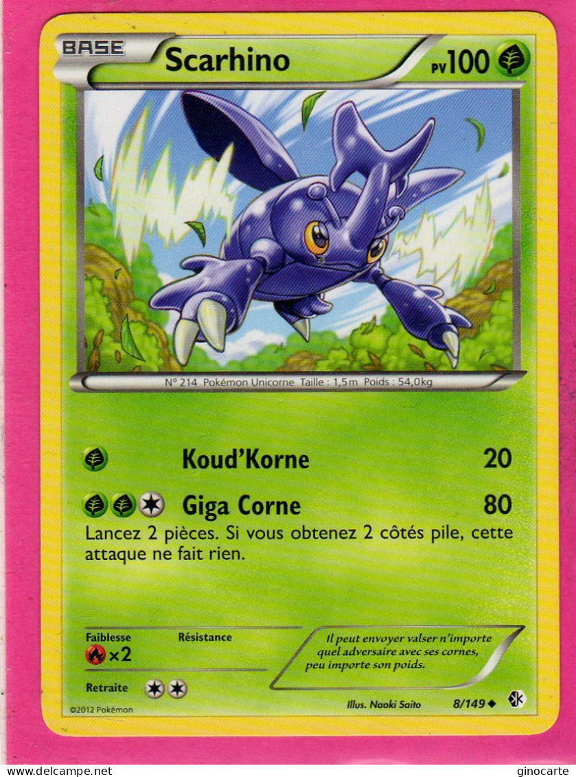 Carte Pokemon Francaise 2012 Noir Et Blanc Frontieres Franchies 8/149 Scarhino 100pv Neuve - Noir & Blanc