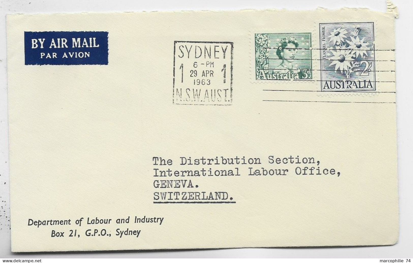 AUSTRALIA 2/+3C PERFORE PERFIN G.W.S.A. LETTRE COVER DEP LABOUR  SYDNEY 1963 TO SUISSE - Covers & Documents