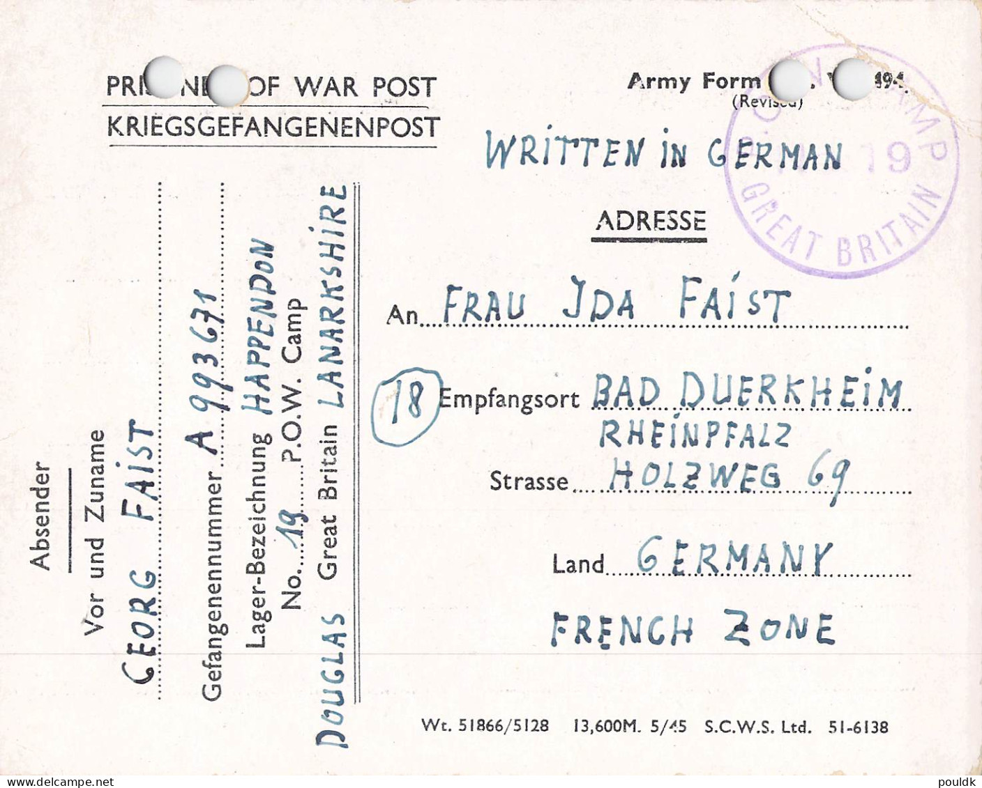 German Prisoner Of War Card From Scotland, POW Camp 19 In Happenden Camp, Douglas Signed 1.6.1946 W/archive - Militaria