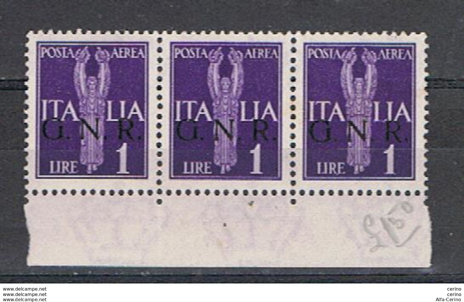 R.S.I.:  1944  P.A.  ALLEGORIE  -  £. 1 VIOLETTO  STRISCIA  3  N. -  SASS. 121 - Posta Aerea