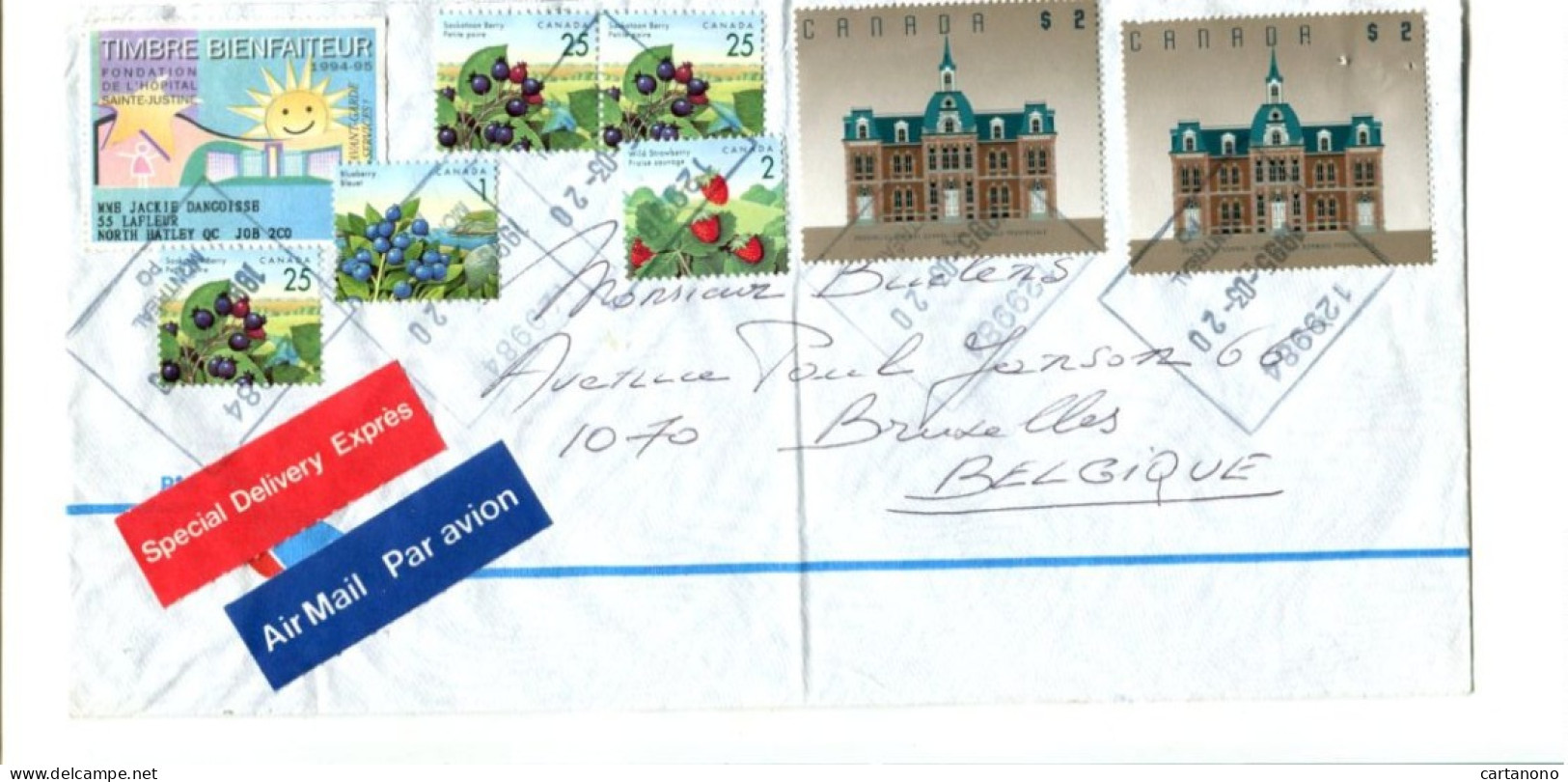 CANADA - Affranchissement Sur Lettre EXPRES Pour La Belgique - Fruit / Ecole + Timbre Bienfaiteur - Storia Postale