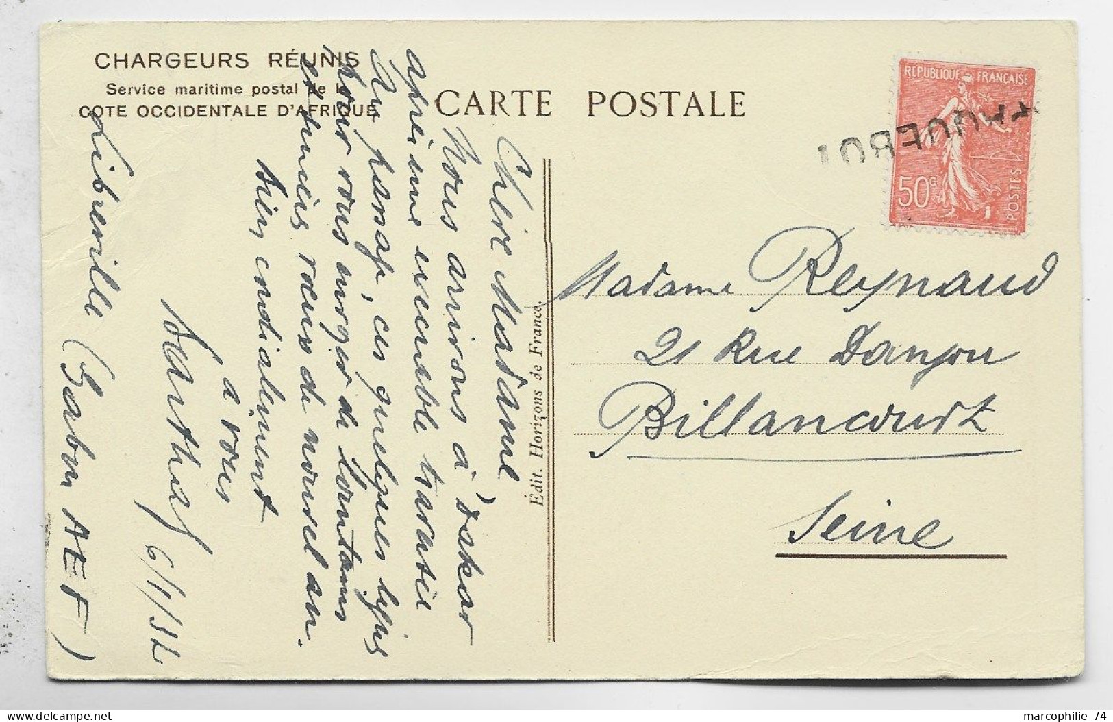 FRANCE SEMEUSE 50C LIGNEE N° 199 GRIFFE PAQUEBOT SUR CARTE CHARGEURS REUNIS LIBREVILLE GABON 1932 - 1903-60 Semeuse Lignée