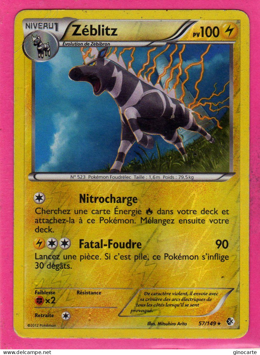 Carte Pokemon Francaise 2012 Noir Et Blanc Frontieres Franchies 57/149 Zeblitz 100pv Usagé Reverse - Black & White