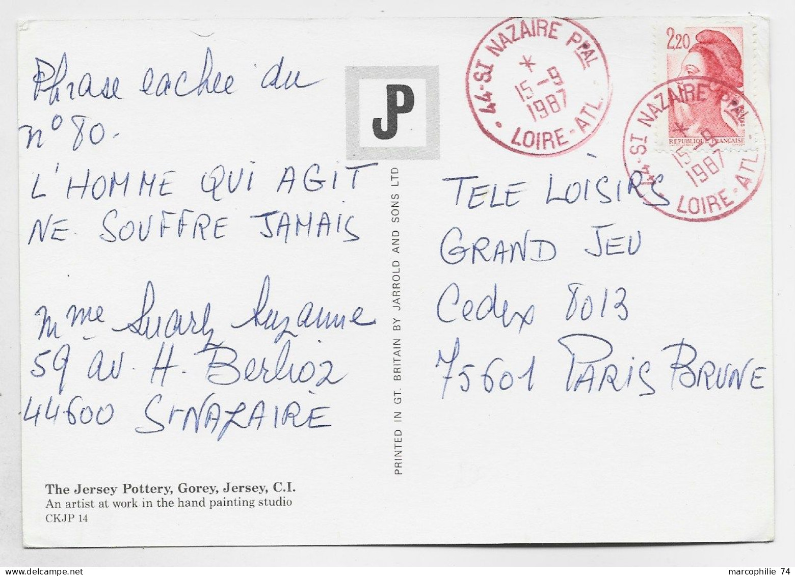 LIBERTE 2FR20 CARTE  THE JERSEY POTTERY TIMBRE A DATE ROUGE 44 ST NAZAIRE PPAL 15.9.1987 LOIRE ALT - 1982-1990 Liberté (Gandon)