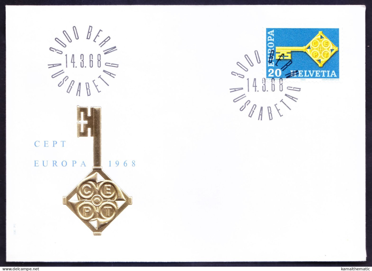 Switzerland 1968 FDC, Europa, Key With CEPT Badge, Bern Cancellation - 1968