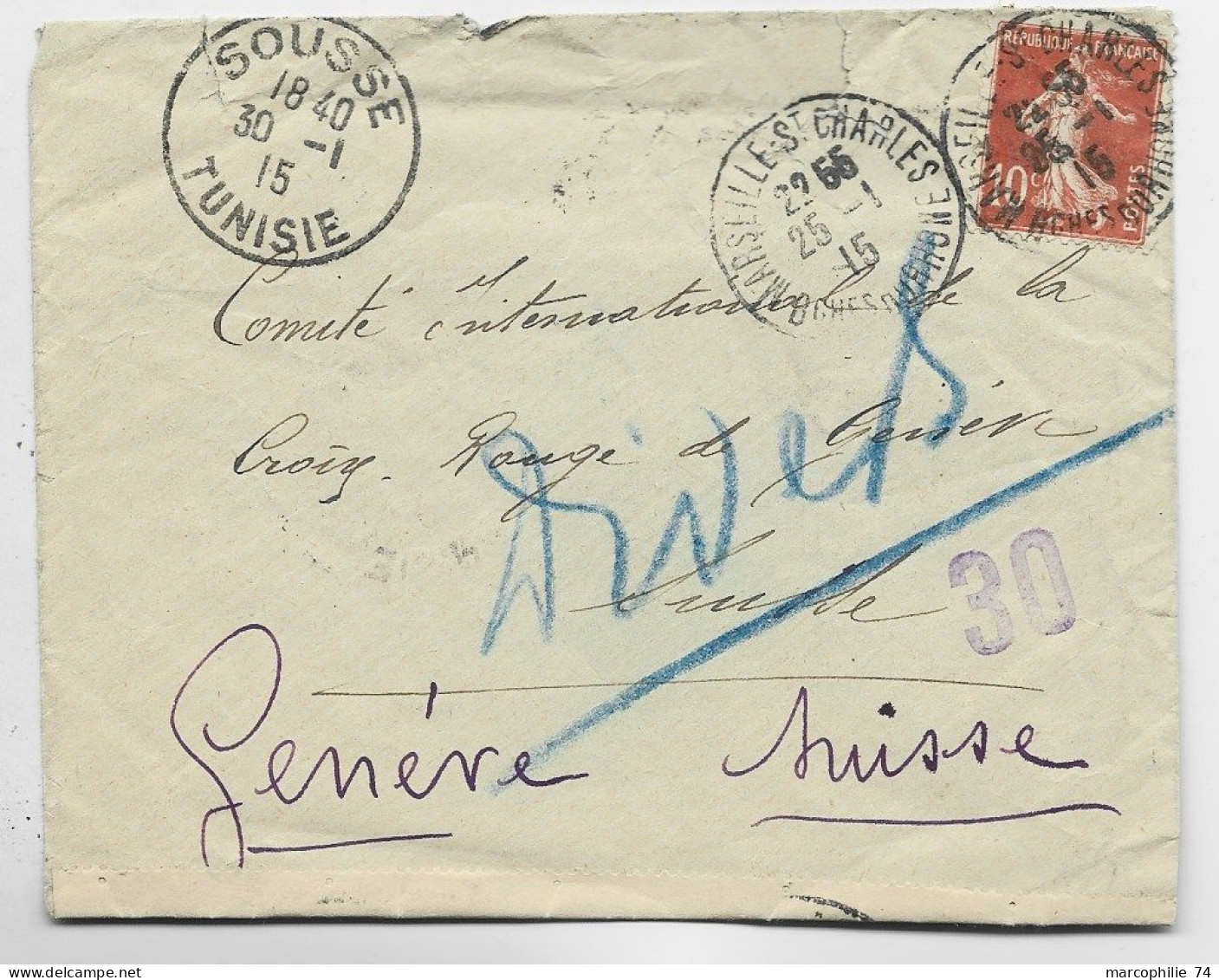 FRANCE SEMEUSE 10C MARSEILLE 25.1.1915 LETTRE COVER SOUSSE TUNISIE + OUVERT PAR ERREUR REEXP CROIX ROUGE GENEVE - Rotes Kreuz